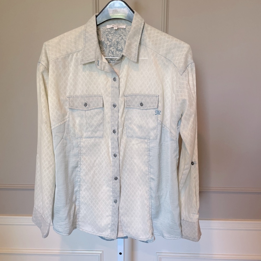 Miss me women's Large casual chambray mesh button up denim shirt blouse top